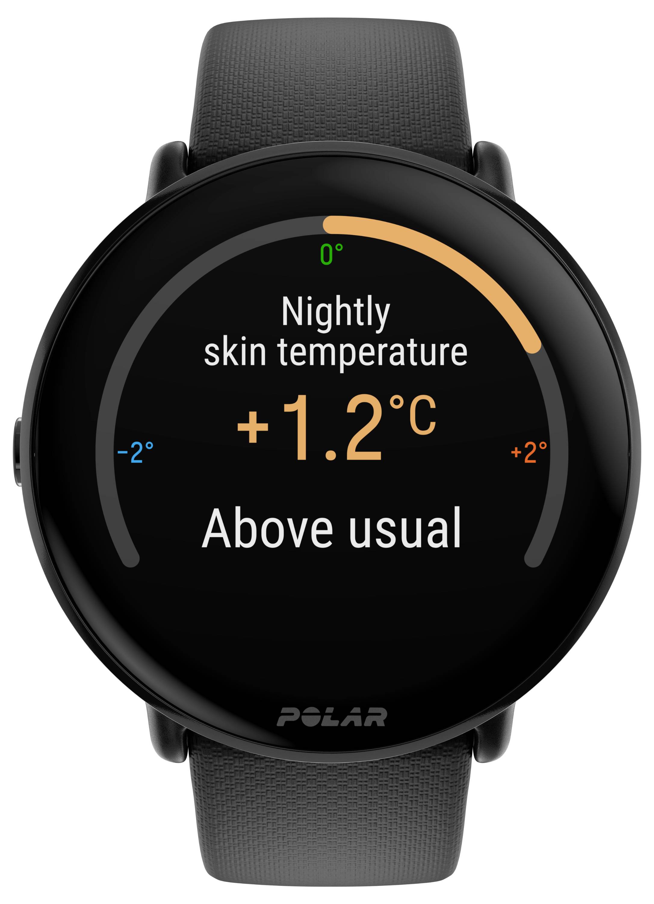 Smartwatch toont temperatuurindicator: 'Nachtelijke huidtemperatuur +1,2°C boven het gemiddelde'. Schaal van -2 tot +2 graden.