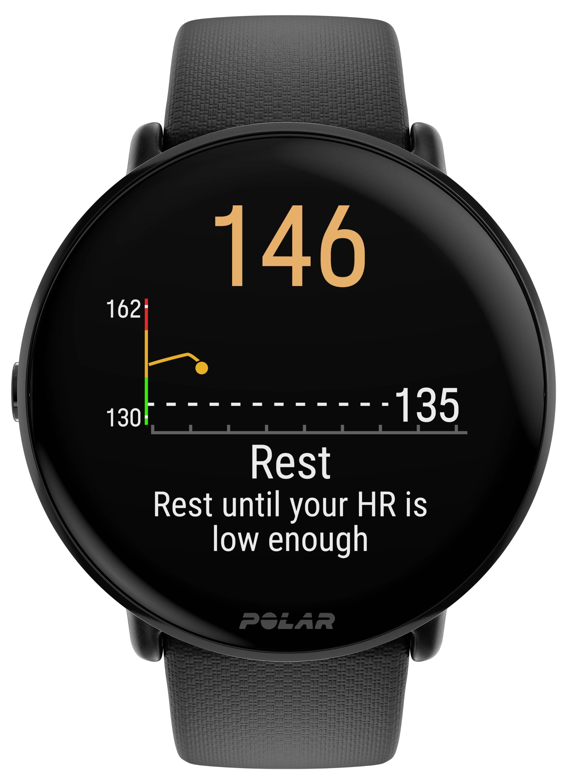 Smartwatch met hartslagweergave van 146 slagen per minuut. In de rustfase: 'Rust totdat uw hartslag laag genoeg is'. Diagram toont hartfrequentieverloop.