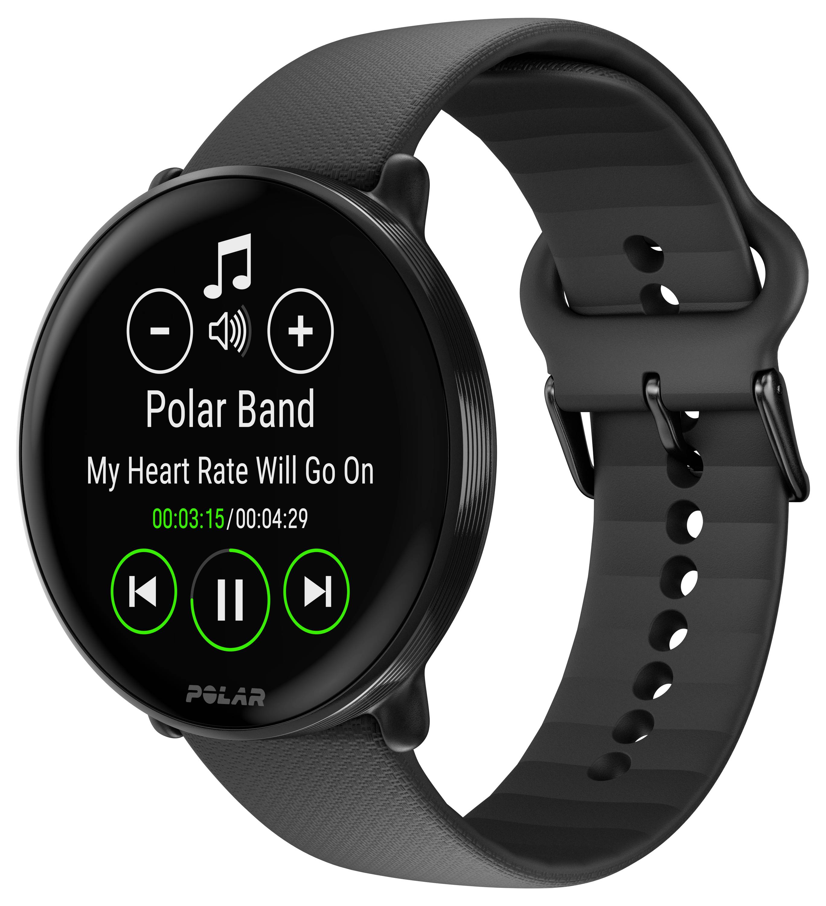 Smartwatch met zwart bandje toont muziekbesturingscherm. Nummer 'My Heart Rate Will Go On' wordt afgespeeld. Tijd: 03:15/04:29.