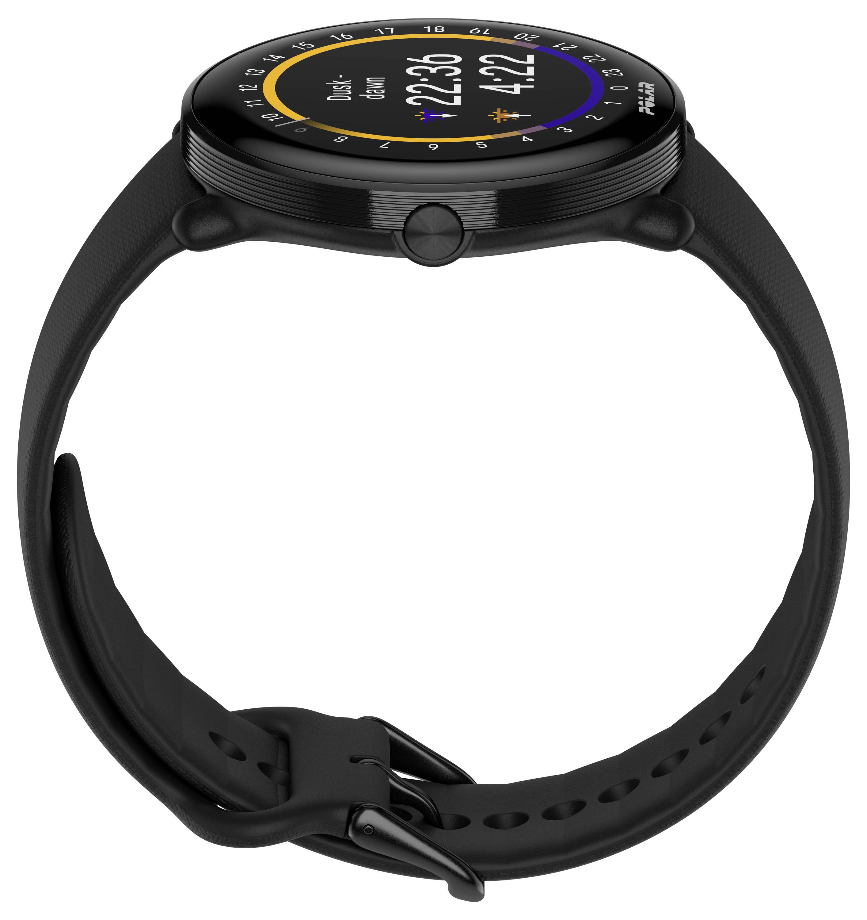 Een zwarte smartwatch met een rond display toont de tijd als 22:33. Stappen, calorieën en hartslag zijn ook zichtbaar.