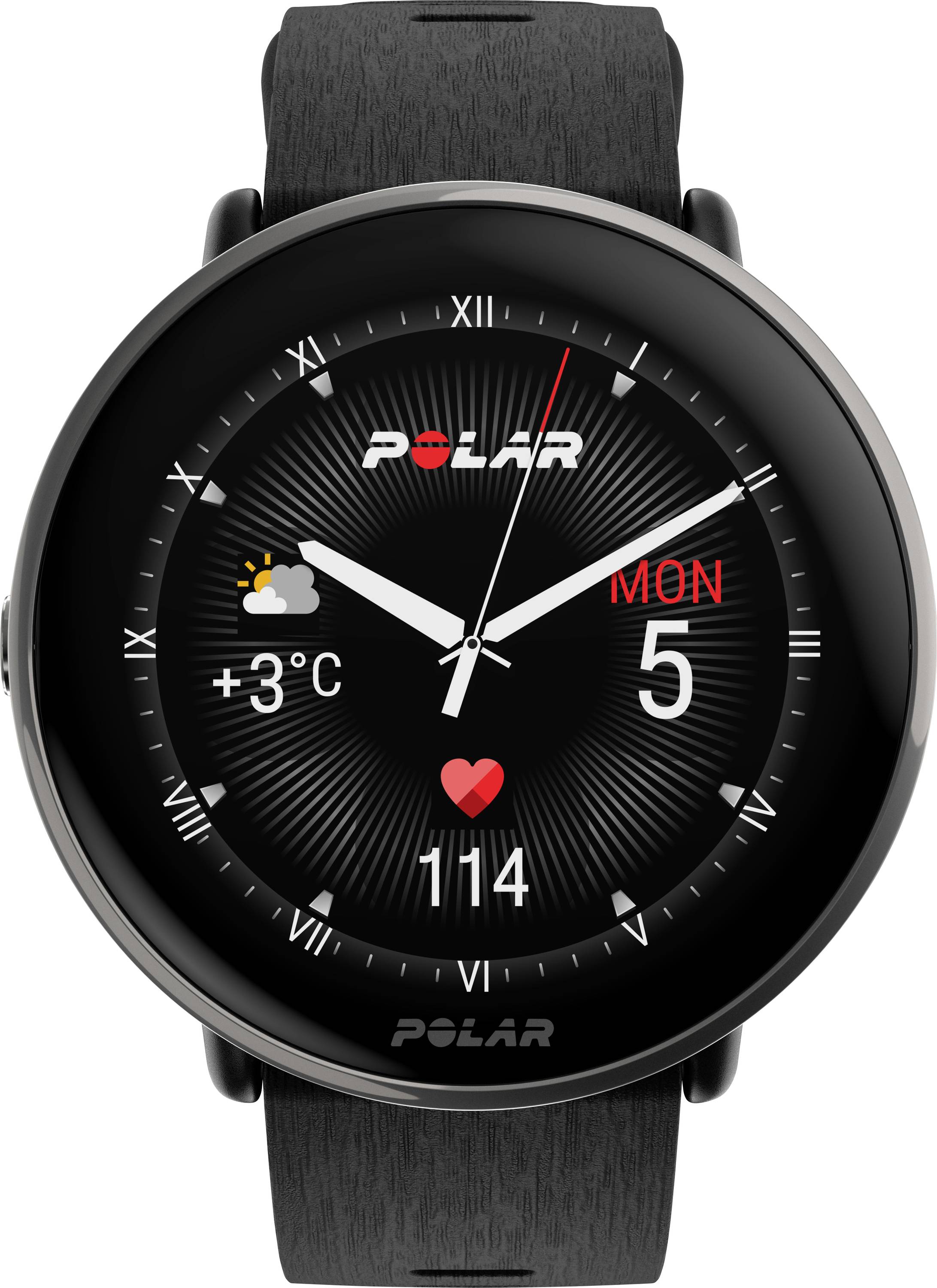 Ronde, zwarte smartwatch met temperatuurweergave '+3°C', hartslag '114', weersymbool en datum 'Ma, 5'.