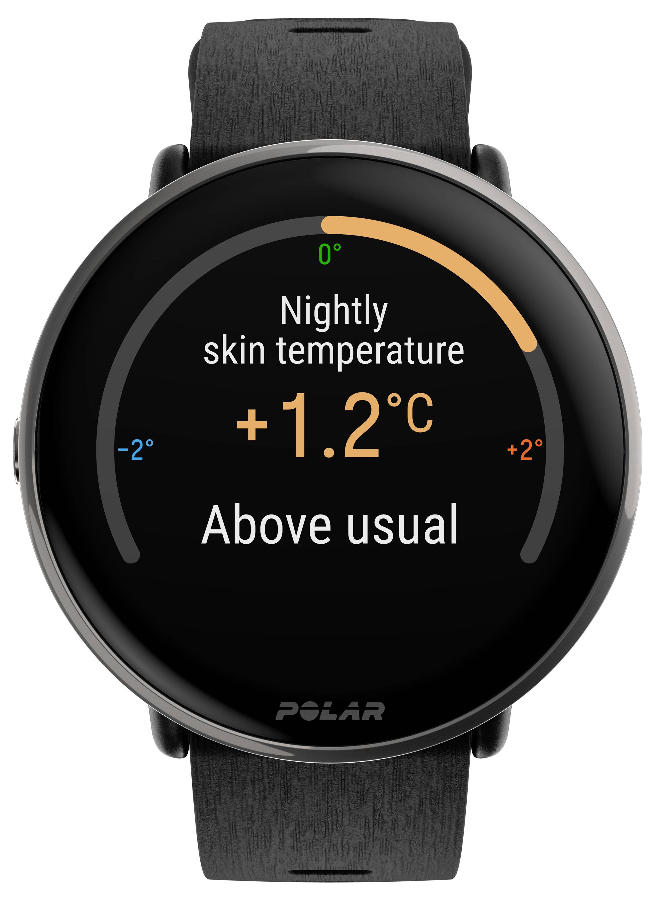 Smartwatch toont 'Nachtelijke huidtemperatuur +1.2°C boven normaal'. Visualiseert temperatuurafwijking voor monitoring.