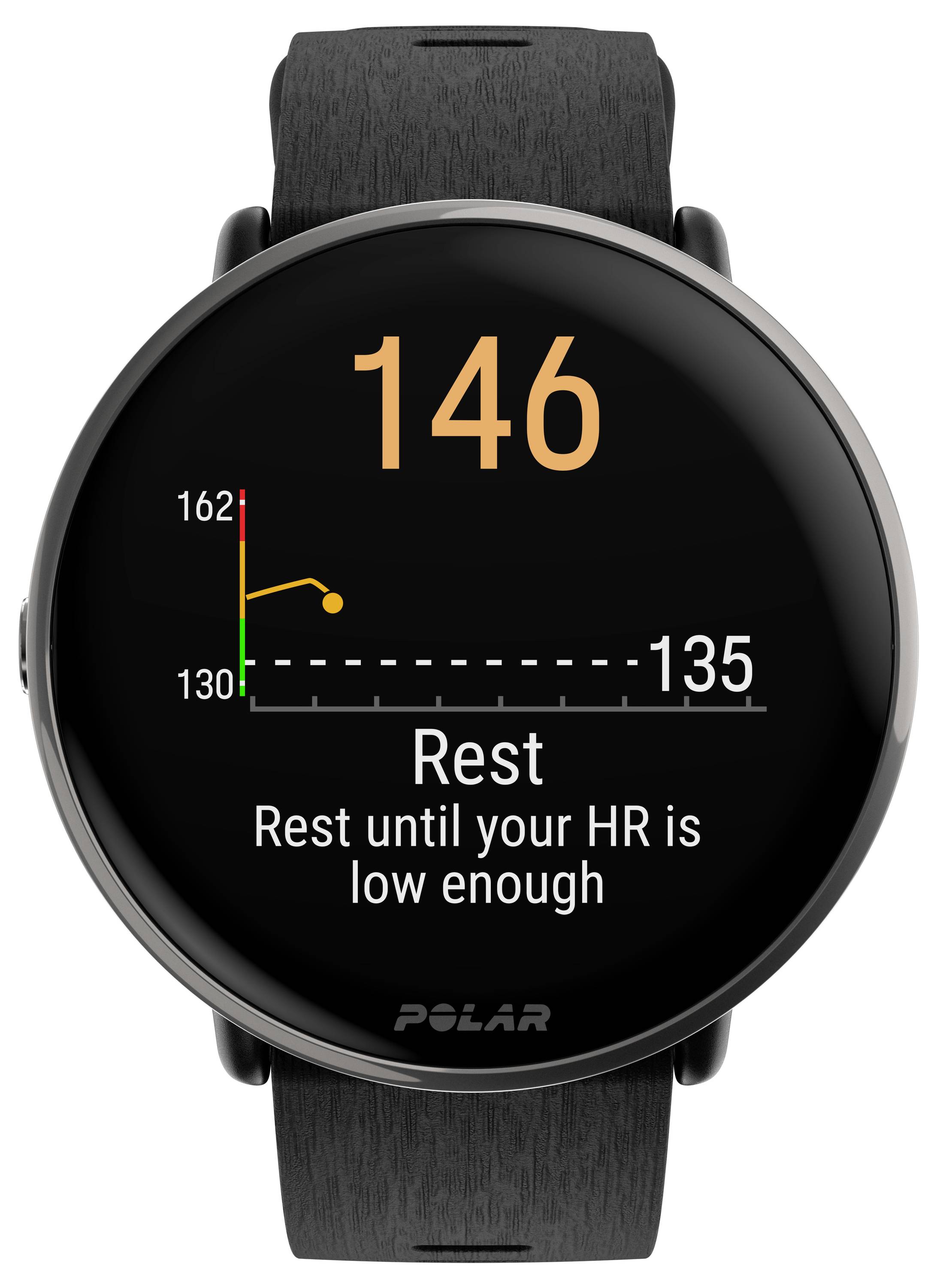 Smartwatch met hartslagweergave: Huidige waarde 146, diagram toont daling naar streefwaarde 135. Tekst 'Rust totdat je hartslag laag genoeg is'.