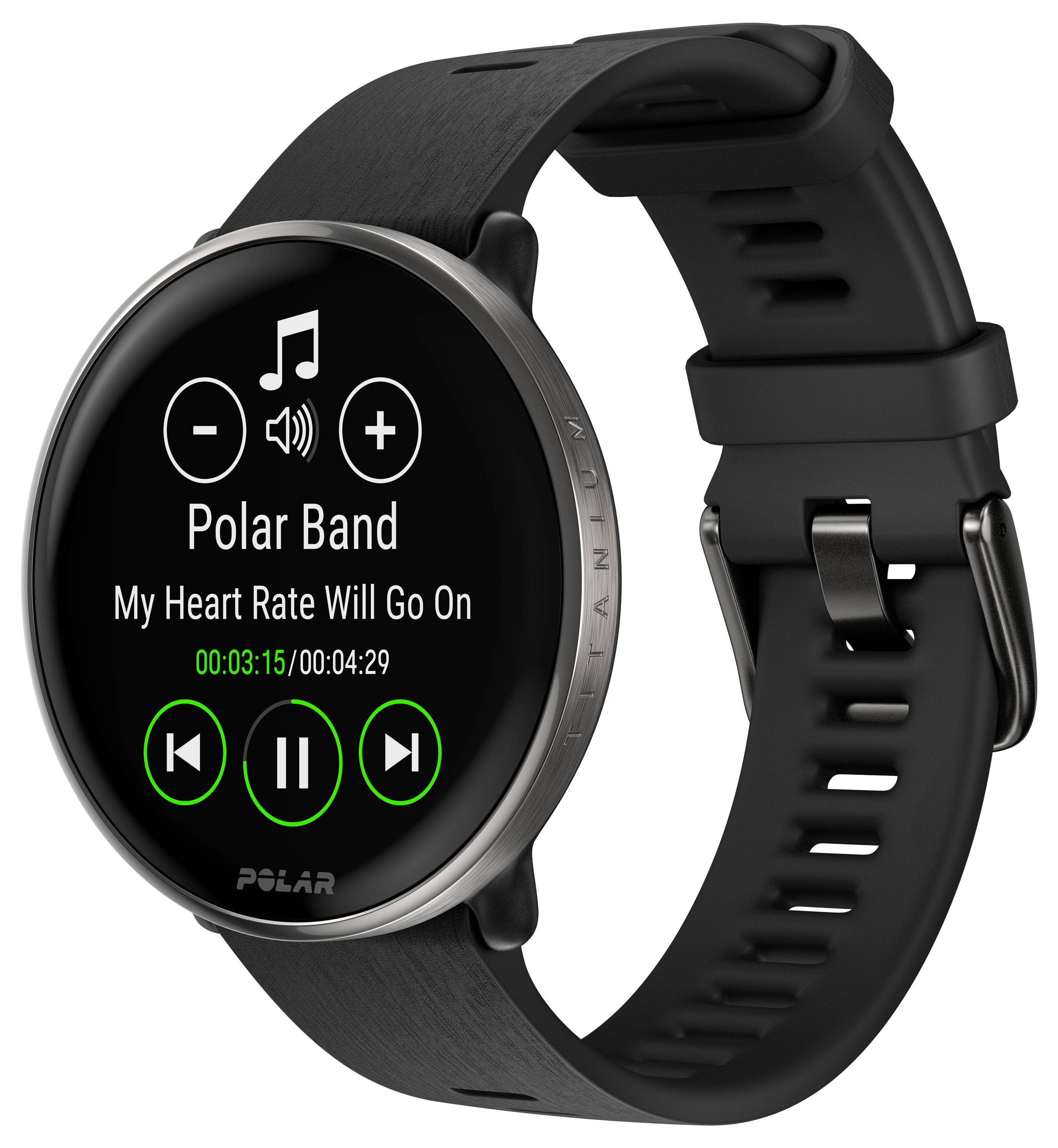 Een zwarte smartwatch toont een muziekspeler. Het scherm leest 'Polar Band - My Heart Rate Will Go On', met afspeelopties.
