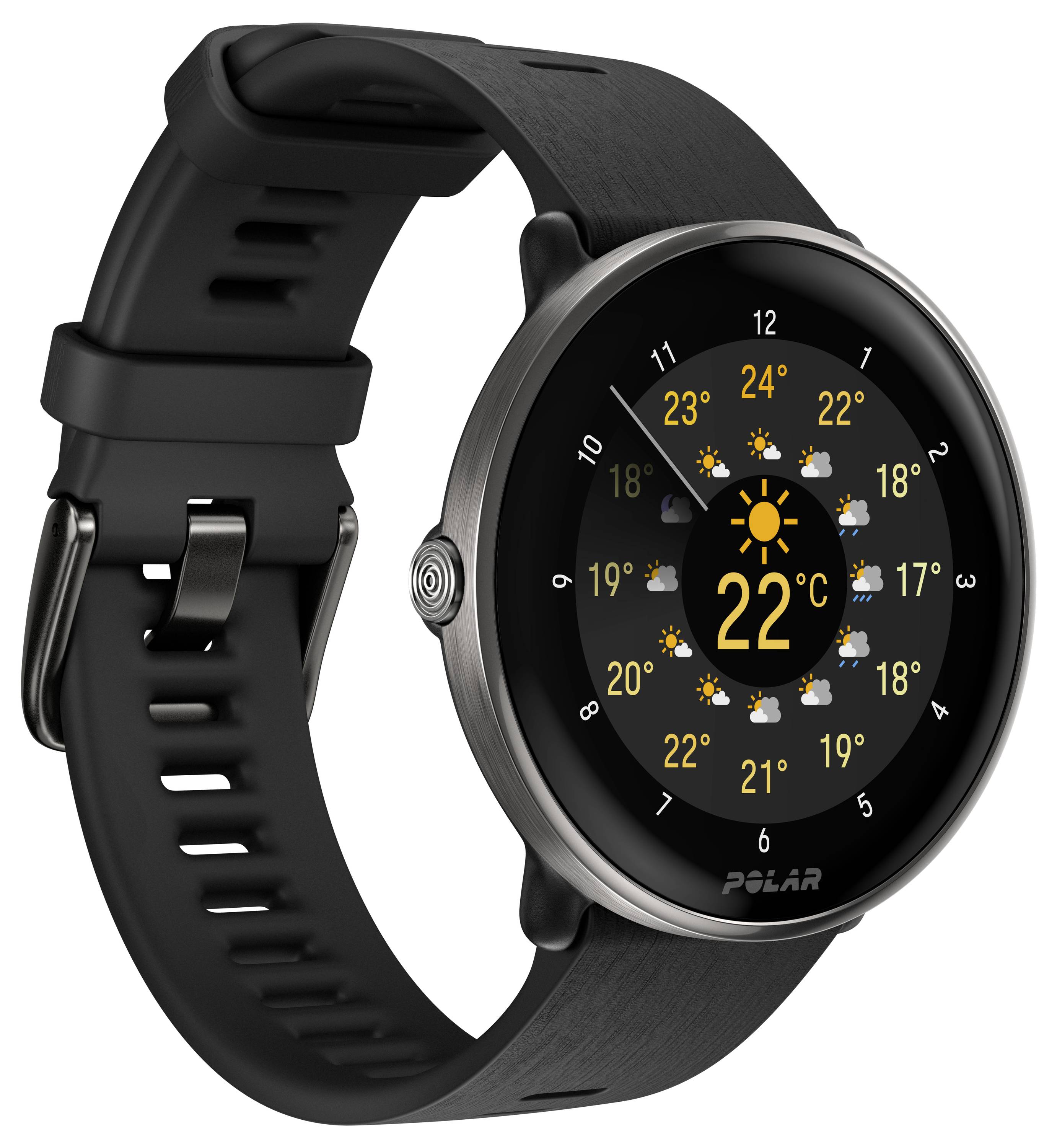 Een zwarte smartwatch toont het weer: 22°C, zonnig met wolken. Uurlijkse weersverwachting weergegeven.