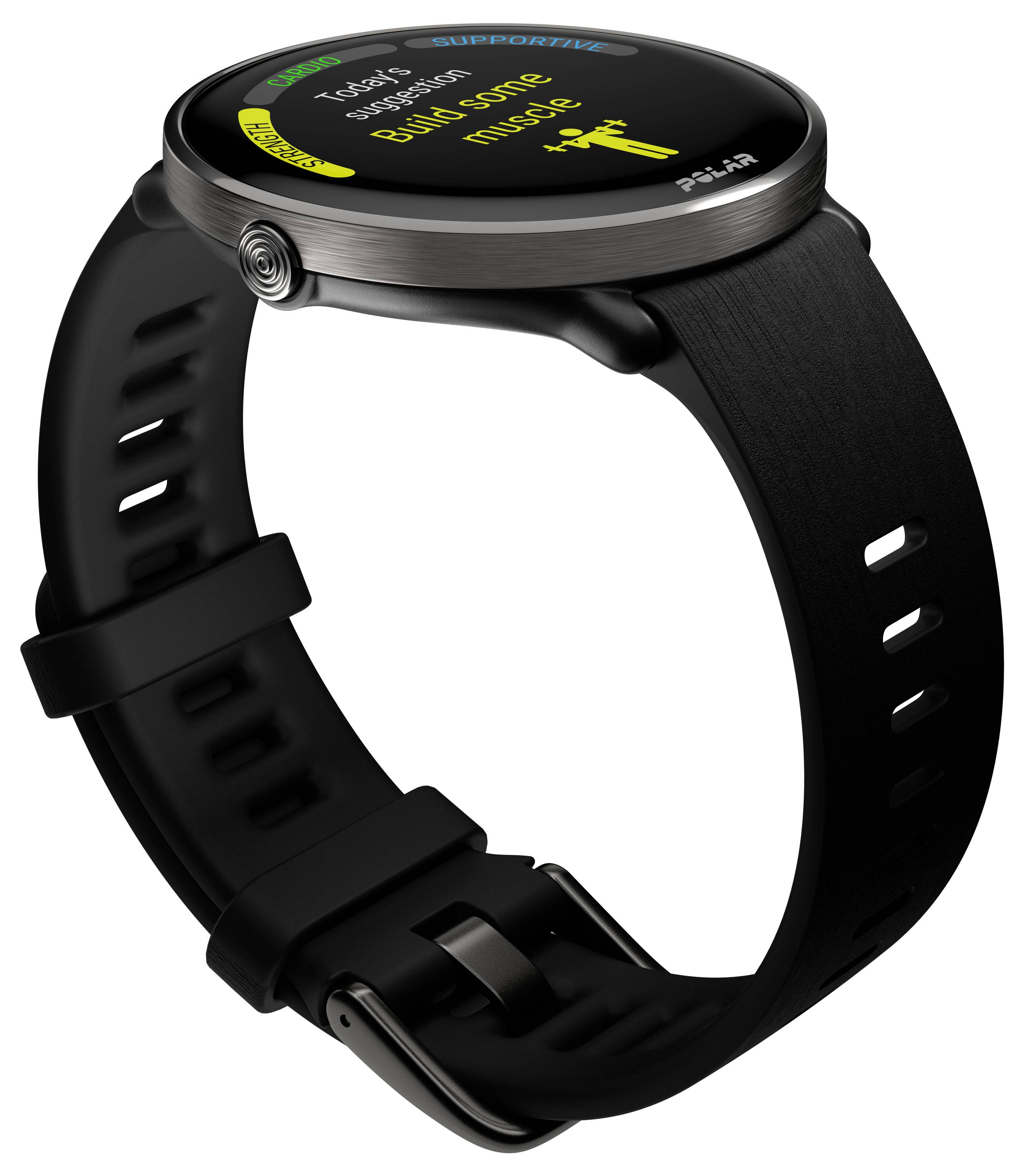 Zwarte smartwatch met rond display. Op het scherm worden stappen en calorieënverbruik weergegeven.