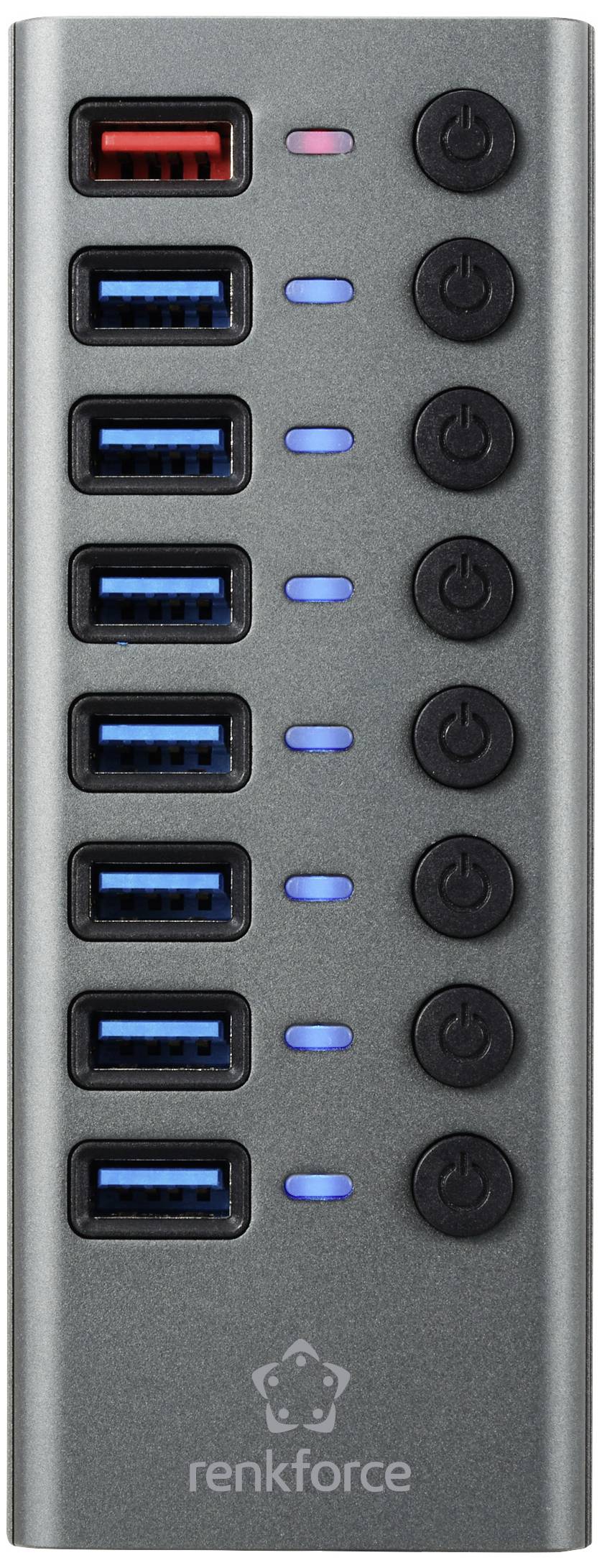 USB-hub met zeven blauwe USB-poorten, één rode laadpoort en negen zwarte aan/uit-schakelaars, merk 'renkforce'.