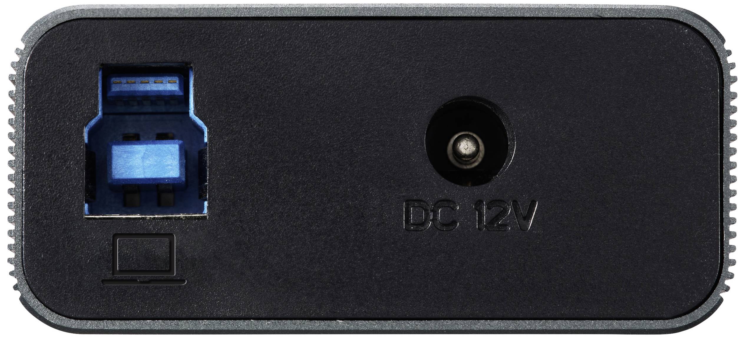 'Apparaat met USB-3.0-aansluiting (blauw) en DC-12V-voedingsaansluiting.'