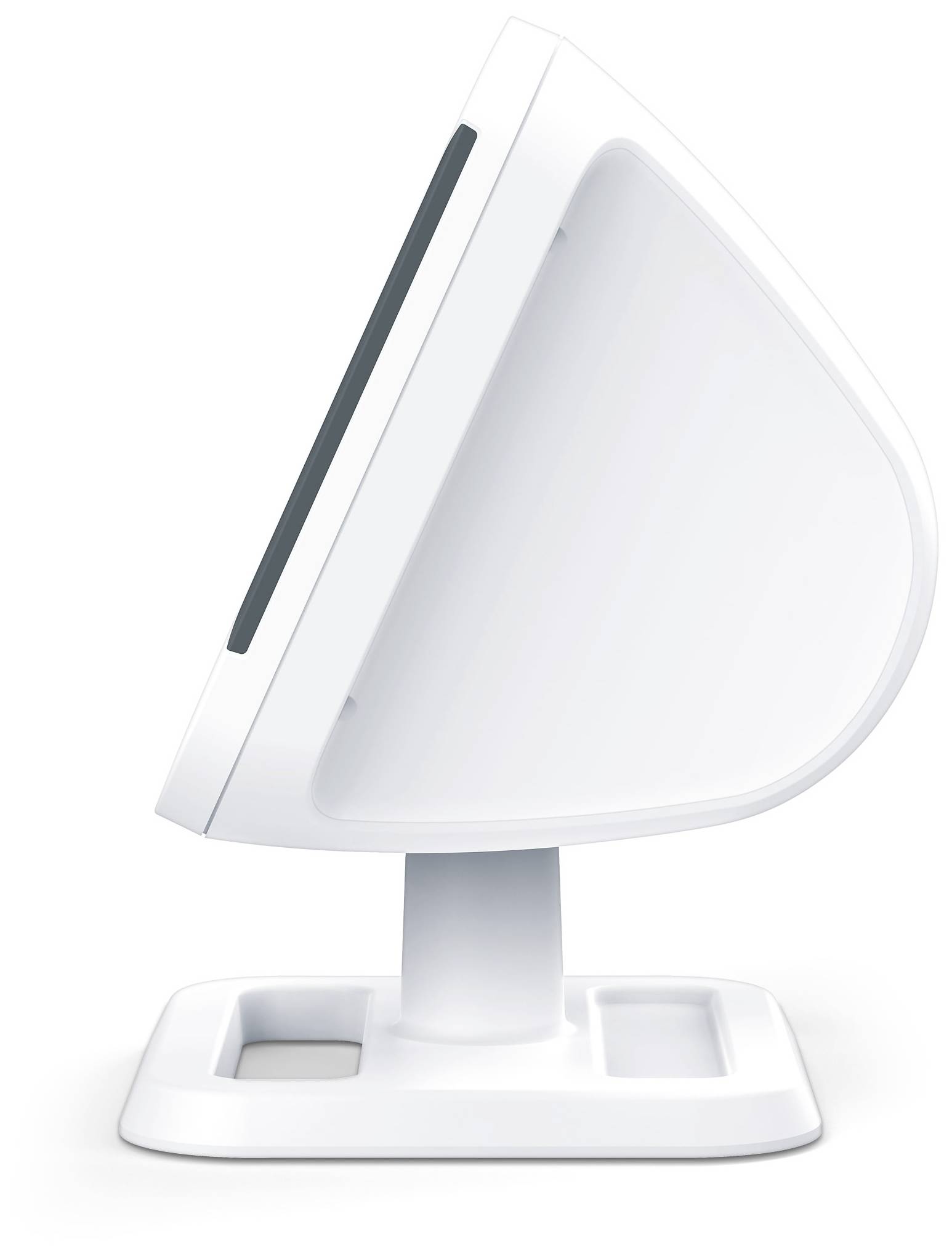 Een modern, wit kassasysteem, zijdelings weergegeven, met een minimalistisch design, gepresenteerd op een stabiele standaard.