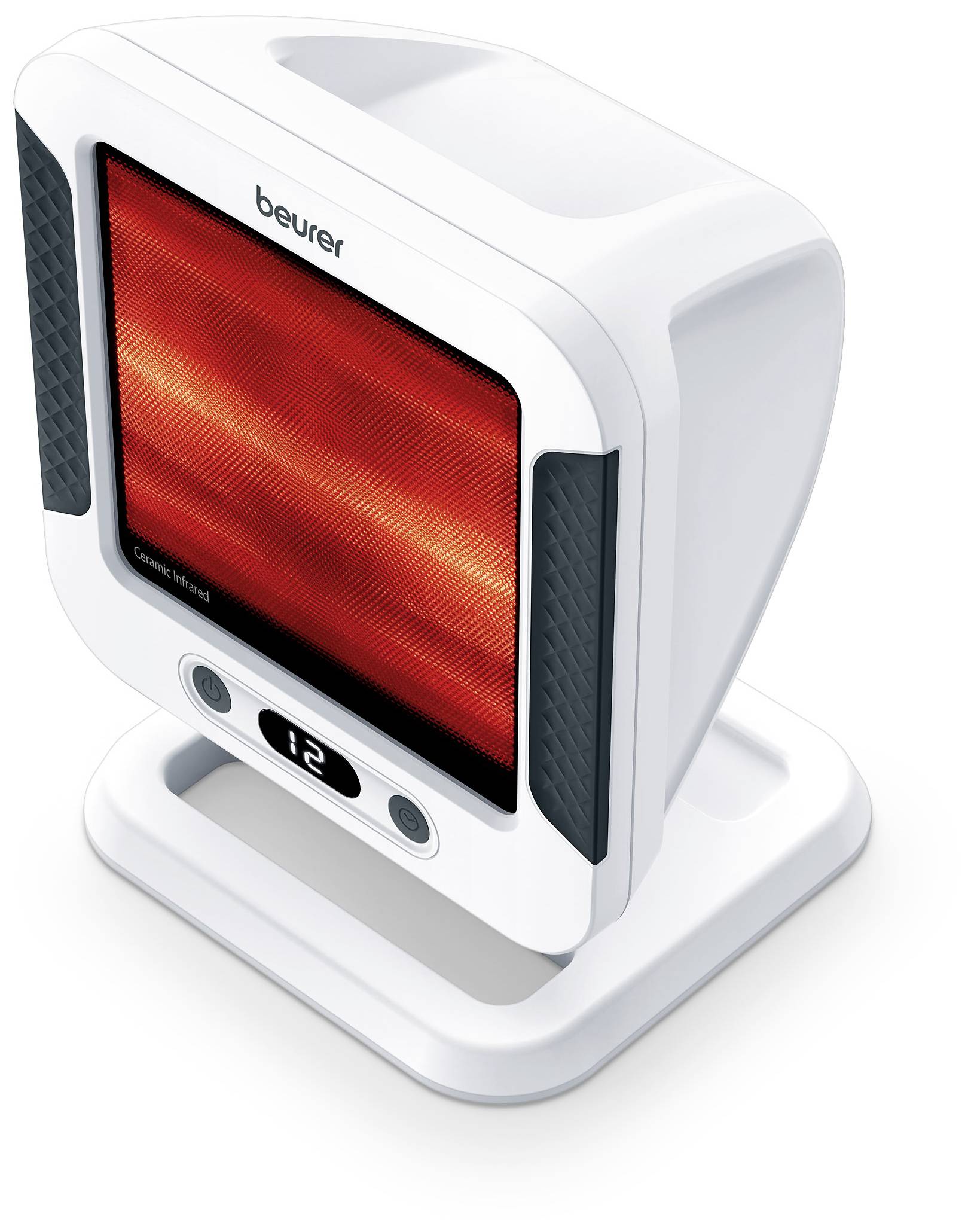 Een wit Beurer-infraroodverwarmingsapparaat met een oplichtend rood oppervlak en een digitaal display toont het getal '12'.