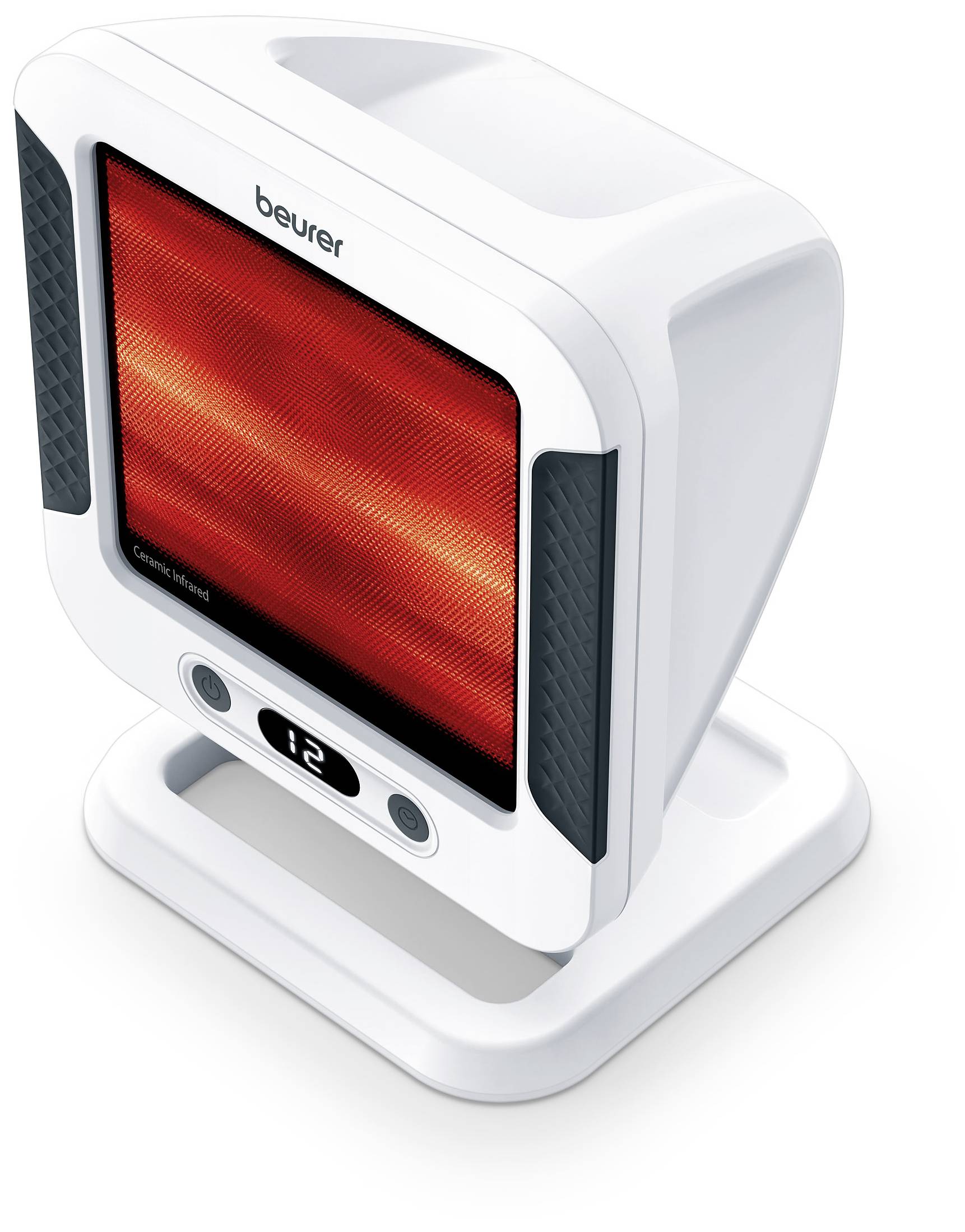 Een witte infraroodstraler met een rode verwarmingsoppervlakte en digitale temperatuurinstelling op een display, geschikt voor het verwarmen van kleine ruimtes.