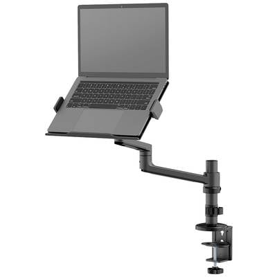 Laptopstandaard met verstelbare arm, bevestigd aan een tafel, houdt laptop zwevend voor ergonomisch werken.