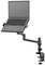 Laptopstandaard met verstelbare arm, bevestigd aan een tafel, houdt laptop zwevend voor ergonomisch werken.