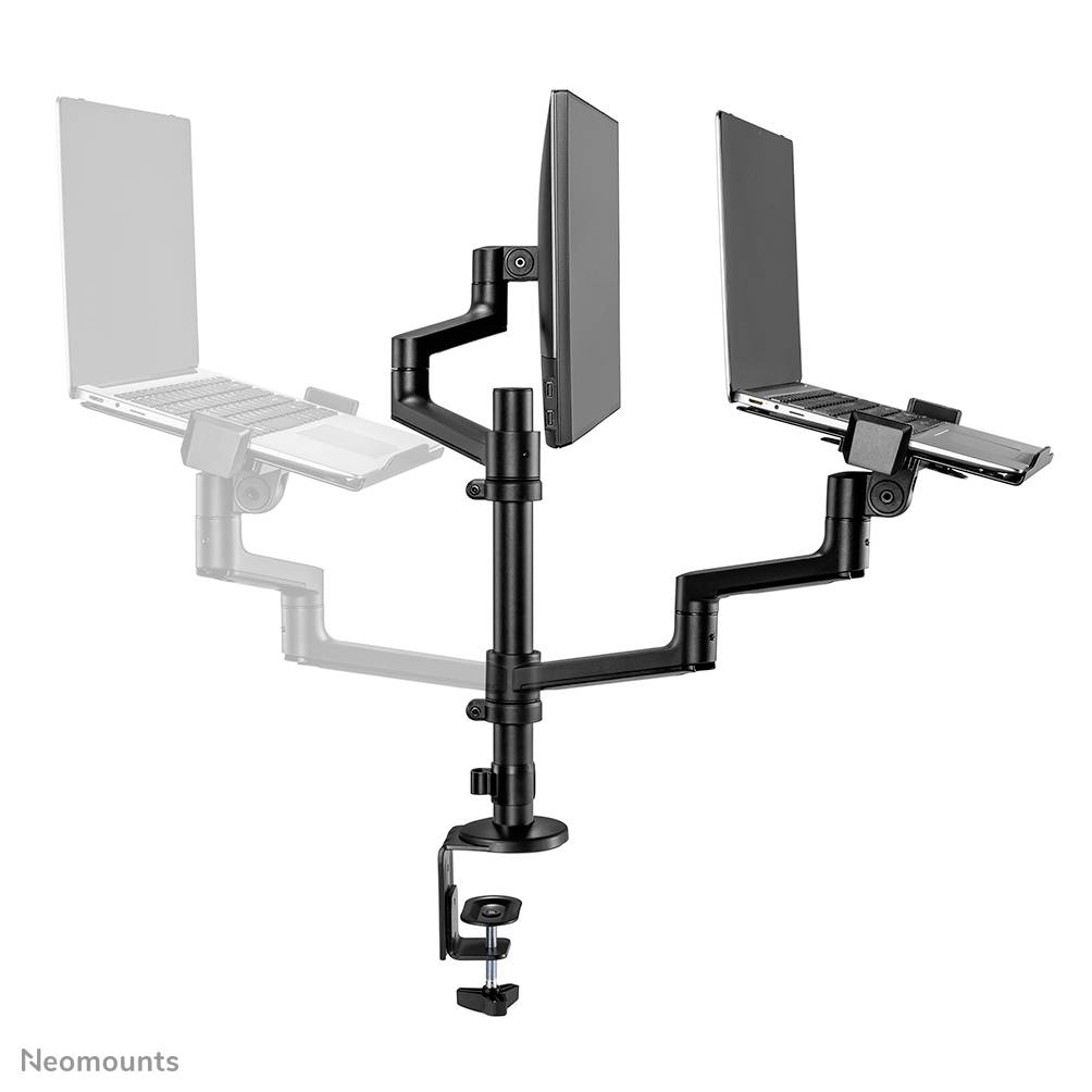 Een dubbele monitorsteun met twee flexibele armen die laptops kunnen vasthouden. Hij is aan een bureau bevestigd en biedt hoogteverstelbare mogelijkheden.