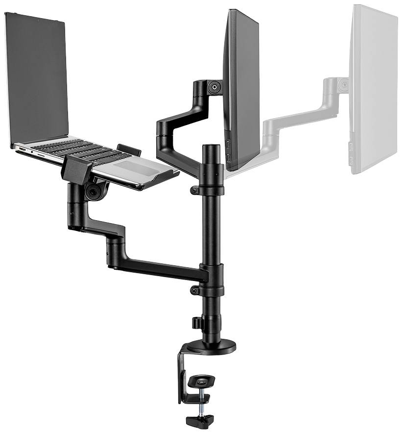 Een zwarte bureauarmsteun met twee verstelbare bevestigingen die een laptop en een monitor dragen, gemonteerd aan een tafel.