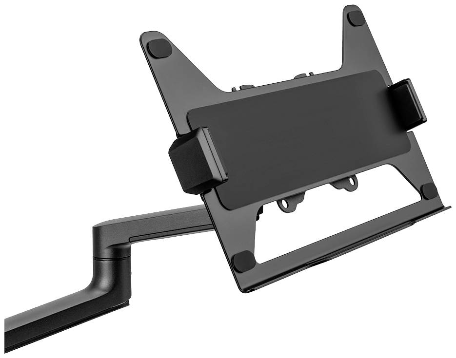 Tablethouder in het zwart, met verstelbare arm, geschikt voor het bevestigen van een tablet aan een tafel of bureau voor flexibel gebruik.