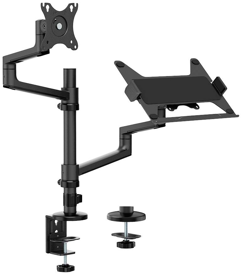 Hoogteverstelbare monitor- en laptopstandaard, zwart, voor bevestiging aan een bureau. 2 armen met kantel- en draaimogelijkheden.