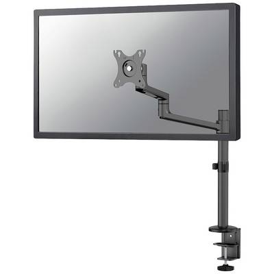 Een metalen monitorarm, gemonteerd aan de rand van een bureau, draagt een monitor. De arm is verstelbaar en ergonomisch.