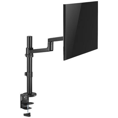 Een zwarte monitorsteun met arm, gemonteerd aan een tafel, toont een beeldscherm in een zwevende, verstelbare positie.