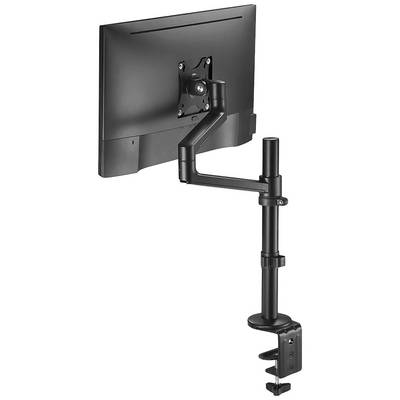 Een monitorarm met een gemonteerd beeldscherm dat verticaal verstelbaar is. Hij wordt met een klem aan een tafel bevestigd.