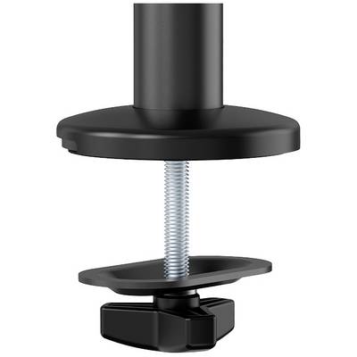 Zwarte bureauklem met schroef voor het bevestigen van een monitorarm. Ziet er stevig en robuust uit, ideaal voor flexibele plaatsing.