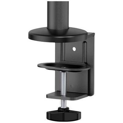 Een zwarte metalen schroefklemhouder voor monitoren of lampen, te bevestigen aan tafels of bureaus.