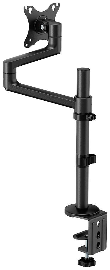 Zwarte monitorarm met verstelbaar scharnier en klem voor bevestiging aan een tafel. Geschikt voor het ondersteunen van een monitor.