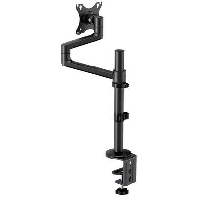 Zwarte monitorarm met verstelbaar scharnier en klem voor bevestiging aan een tafel. Geschikt voor het ondersteunen van een monitor.