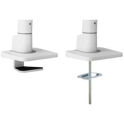 Twee bevestigingsklemmen voor tafelmontage, links een C-klem met plat ontwerp, rechts een schroefbevestiging met een metalen draadbouten.