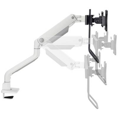 Een verstelbare monitorarm met verschillende posities, toont flexibiliteit en bewegingsvrijheid voor ergonomische werkplekinstelling.