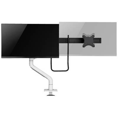 'Weergave van een monitorarm die twee monitoren in horizontale positie vasthoudt. Een van de monitoren is zwart, de andere is grijs.'