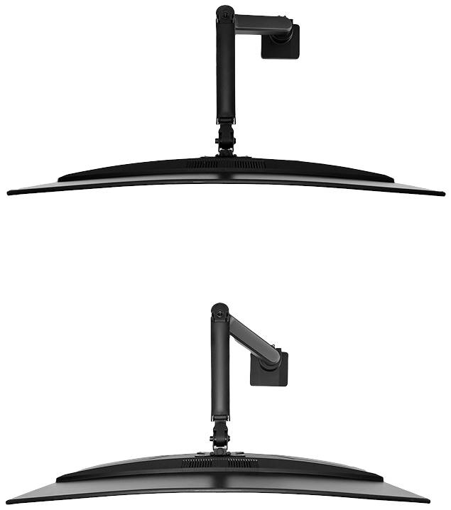 'Weergave van een computermonitor vanuit zijdelings perspectief, met een verstelbare arm aan de achterkant voor ergonomische aanpassingen.'