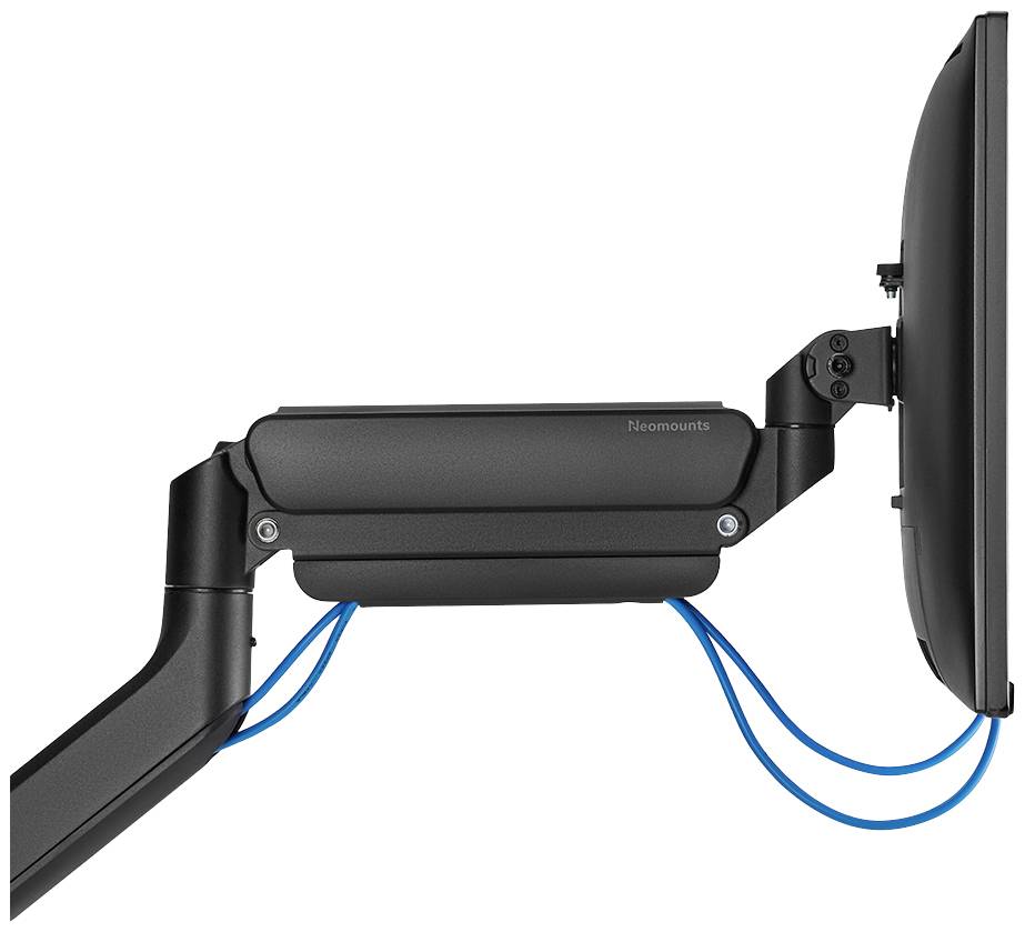 Een zwarte monitorarm, zijdelings weergegeven, houdt een beeldscherm vast. Blauwe kabels zijn netjes langs de arm geleid.