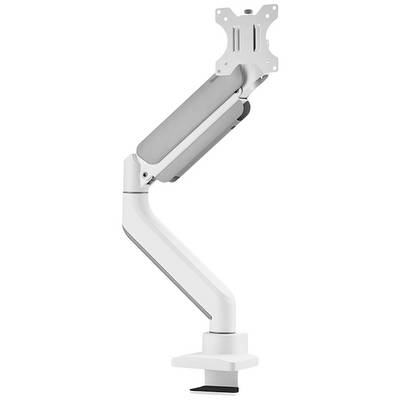 Een in hoogte verstelbare, witte monitorarm met tafelklem. Ideaal voor flexibele positionering van beeldschermen.