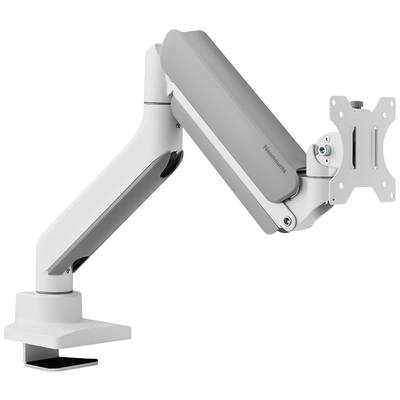 Een witte monitorarm met gewrichten en bevestigingsmogelijkheden voor een beeldscherm, gemonteerd op een tafelrand.