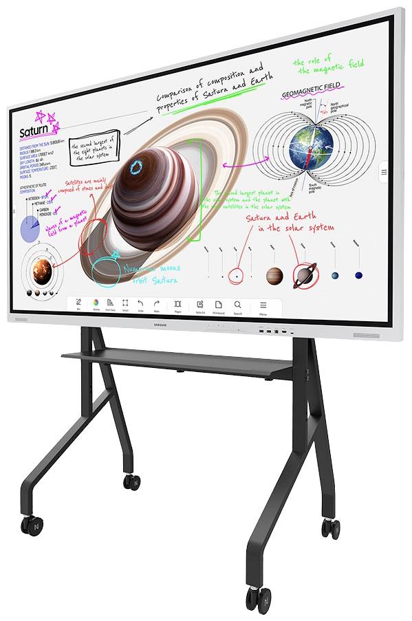 Interactief whiteboard toont astronomische aantekeningen en diagrammen over Saturnus en Aarde. Bevat schetsen, tekst en planetaire afbeeldingen.