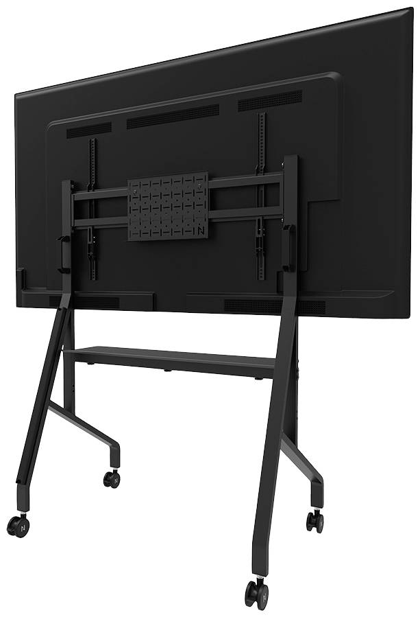 Een grote, zwarte monitor op een mobiel statief met wielen, achteraanzicht. Het statief is in hoogte verstelbaar en stevig gebouwd.