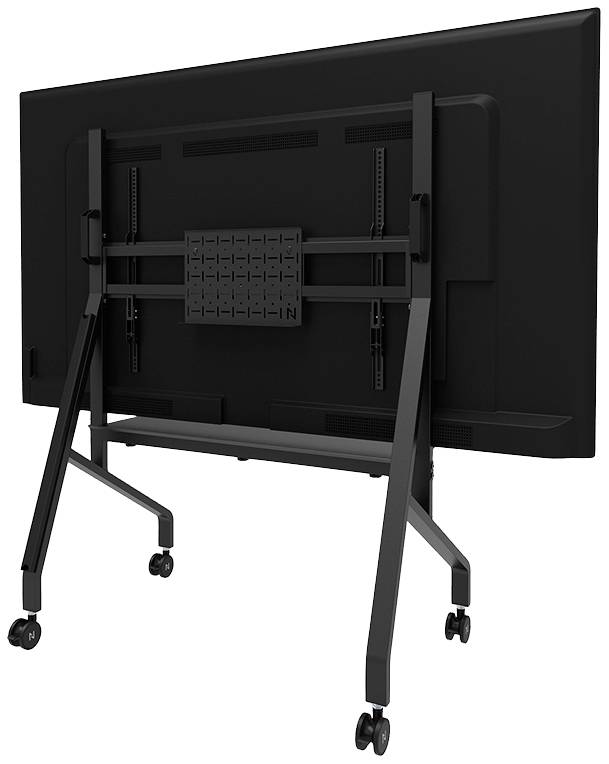 De achterkant van een groot scherm dat is gemonteerd op een verrijdbaar statief. Het statief heeft metalen poten en wielen onderaan.