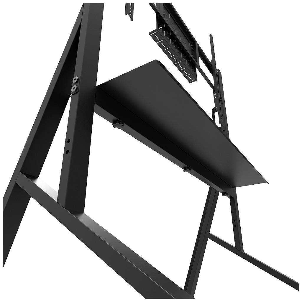 Een zwarte metalen tafel met steunen en een gemonteerde tv-standaard, gefotografeerd vanuit een laag perspectief.