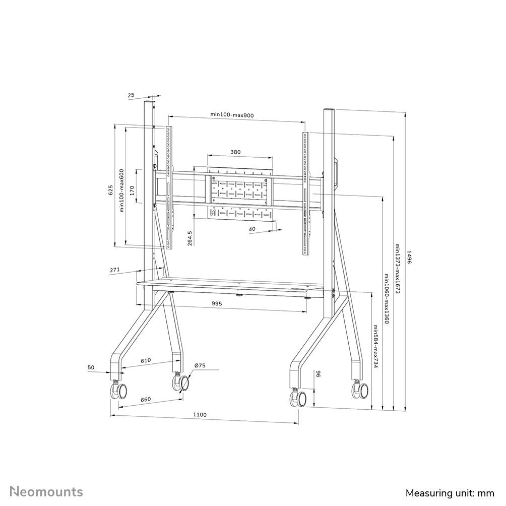 Mobiele tv-standaard tekening met verschillende maatvoering in millimeters. Toont de hoogte, breedte en diepte van de constructie.