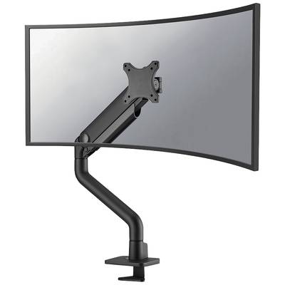Zwarte, verstelbare monitorarm met een gebogen beeldscherm, gemonteerd aan een bureau. Ideaal voor flexibele schermpositioneringen.
