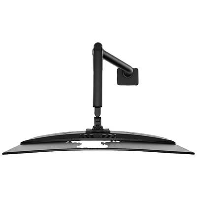 Een gebogen monitor die wordt vastgehouden door een flexibele zwarte arm die is bevestigd aan een wandsteun.