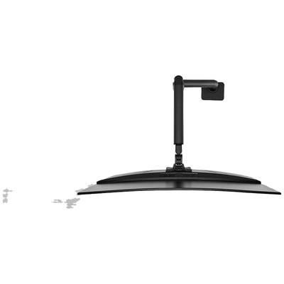 Een zwarte monitorarm is bevestigd aan een gebogen scherm dat van bovenaf wordt bekeken. De arm houdt het scherm stabiel.