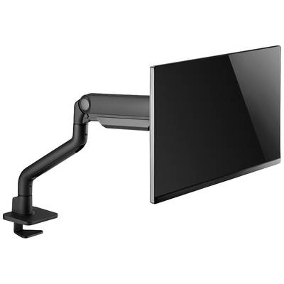 Een zwarte monitorarm die aan een tafel is bevestigd, houdt een zwarte monitor vast. De arm is flexibel en verstelbaar.