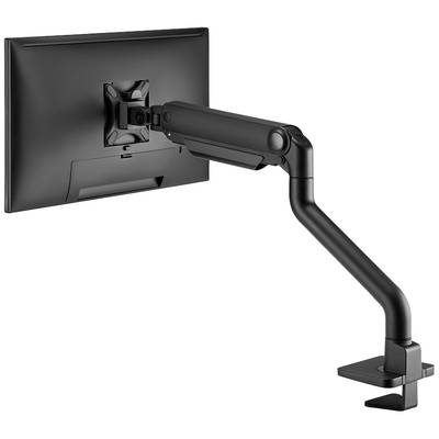 Een zwarte monitorarm, bevestigd aan een bureau, houdt een flatscreen. De arm is verstelbaar en draaibaar.
