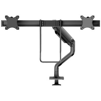 Monitorstandaard met twee VESA-bevestigingen, verstelbare arm en klembevestiging voor tafelmontagemontage. Geschikt voor een dual-monitorinstelling.