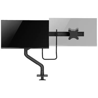 Een monitorarm met twee monitorbevestigingen; links een grote, zwarte monitor, rechts een lege bevestigingsclip op een witte achtergrond.