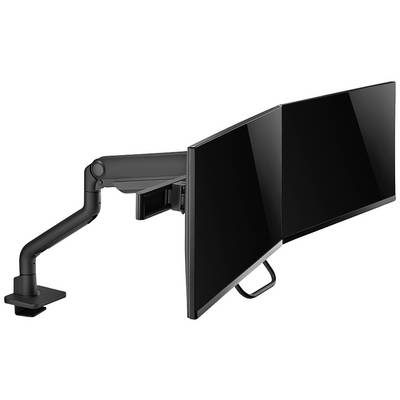 Twee zwarte computerbeeldschermen naast elkaar gemonteerd aan een verstelbare zwenkarm voor ergonomische werkplekken.