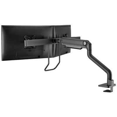 Twee monitoren bevestigd aan een verstelbare, draaibare monitorarm die aan een tafel is gemonteerd. Ideaal voor werkplekoptimalisatie.