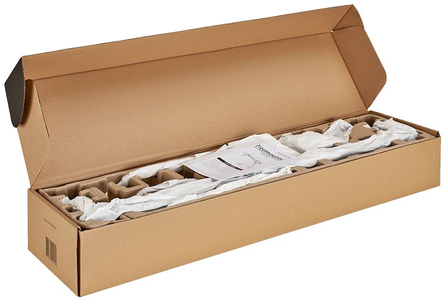 Een lange, geopende verzendkarton bevat verpakte voorwerpen en een vel papier met instructies.
